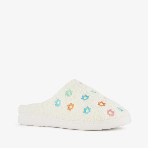 Dames teddy pantoffels met bloemen beige