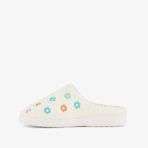 Dames teddy pantoffels met bloemen beige