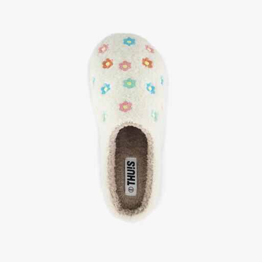 Dames teddy pantoffels met bloemen beige