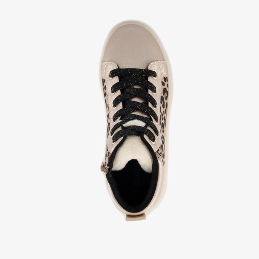 Hoge meisjes sneakers met panterprint beige parelmoer