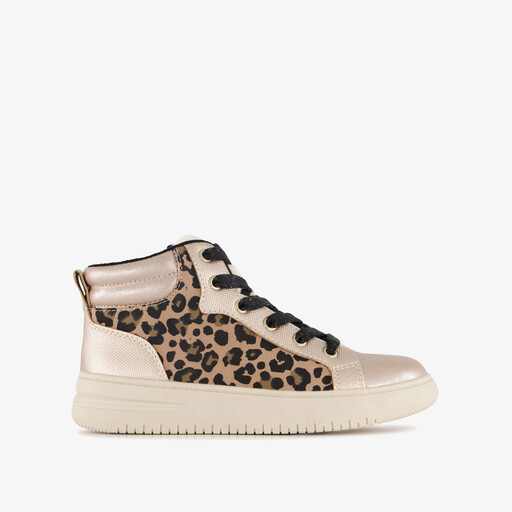 Hoge meisjes sneakers met panterprint beige parelmoer