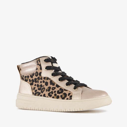 Hoge meisjes sneakers met panterprint beige parelmoer