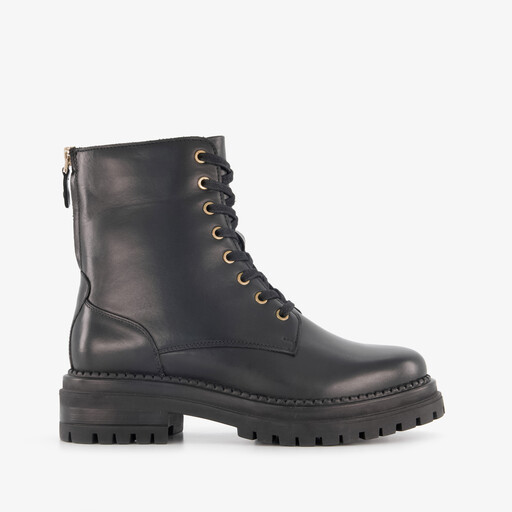 Leren dames veterboots met rits zwart