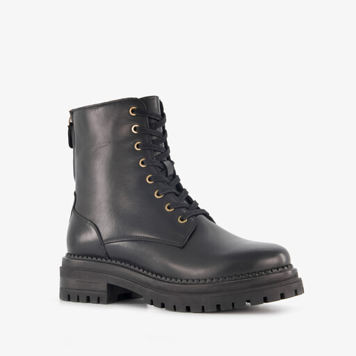 Leren dames veterboots met rits zwart