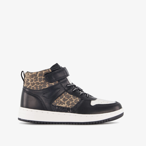 Hoge meisjes sneakers met panterprint details zwart