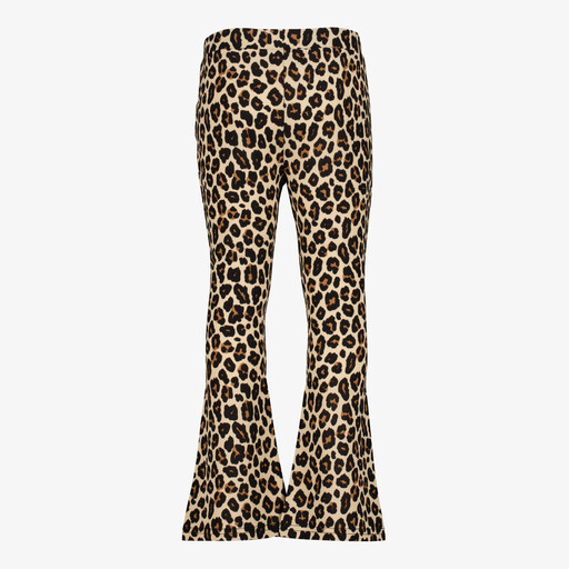 Meisjes flared broek met panterprint beige bruin