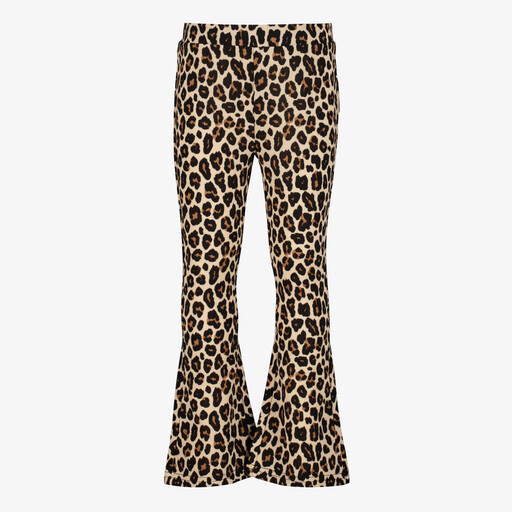 Meisjes flared broek met panterprint beige bruin