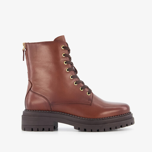 Leren dames veterboots met rits cognac
