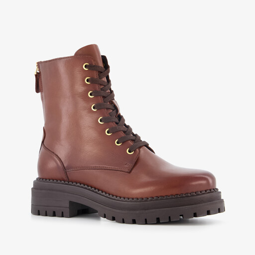 Leren dames veterboots met rits cognac