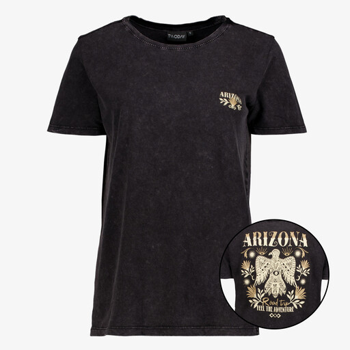 Dames T-shirt met acid wash en backprint zwart