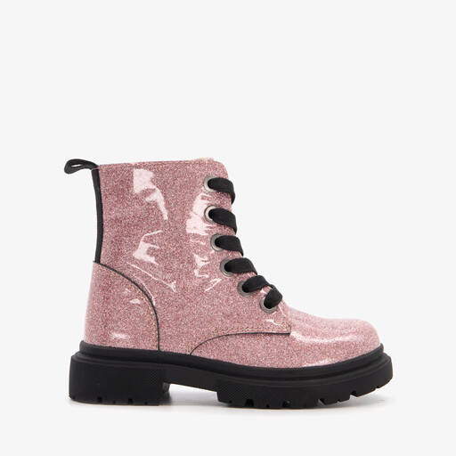 Leren meisjes veterboots roze zwart