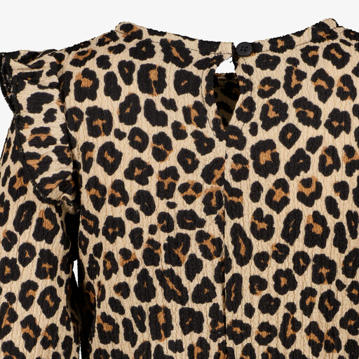 Meisjes jurk met panterprint en ruches beige