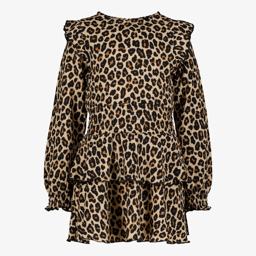 Meisjes jurk met panterprint en ruches beige