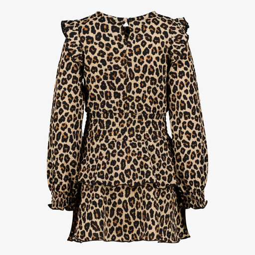 Meisjes jurk met panterprint en ruches beige