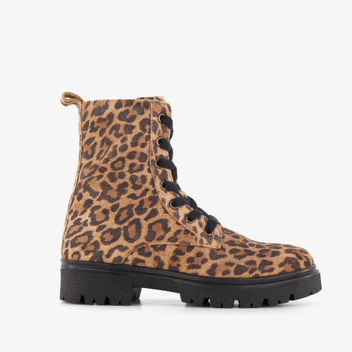 Suède meisjes veterboots met panterprint bruin