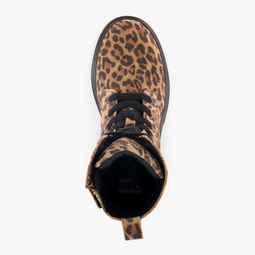 Suède meisjes veterboots met panterprint bruin