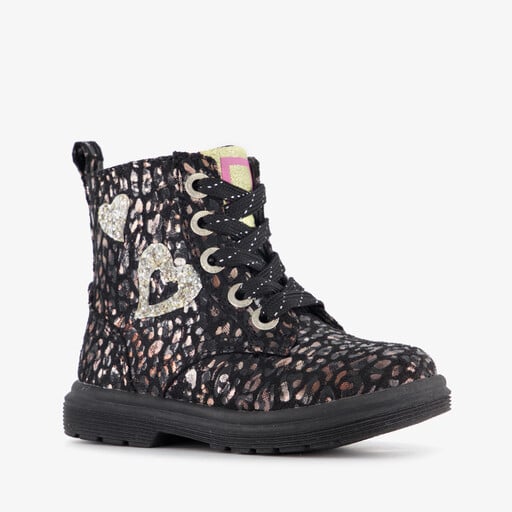 Meisjes veterboots met glitters en hartjes zwart