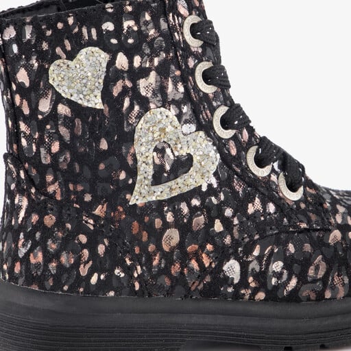 Meisjes veterboots met glitters en hartjes zwart