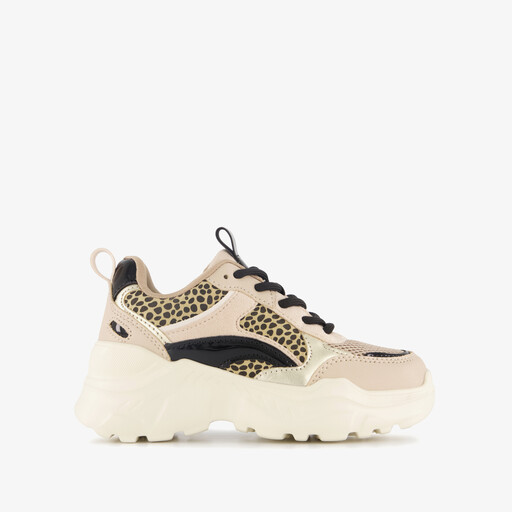 Meisjes dad sneakers met panterprint details beige