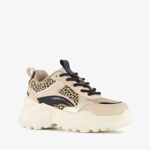 Meisjes dad sneakers met panterprint details beige
