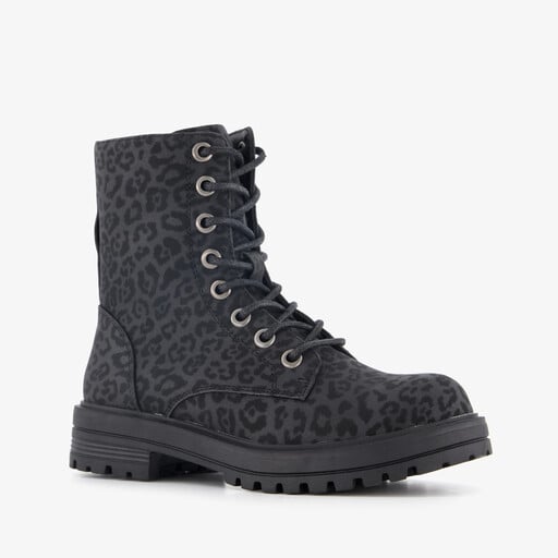 Meisjes veterboots met luipaardprint zwart