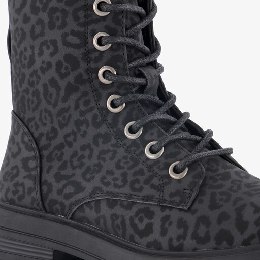 Meisjes veterboots met luipaardprint zwart