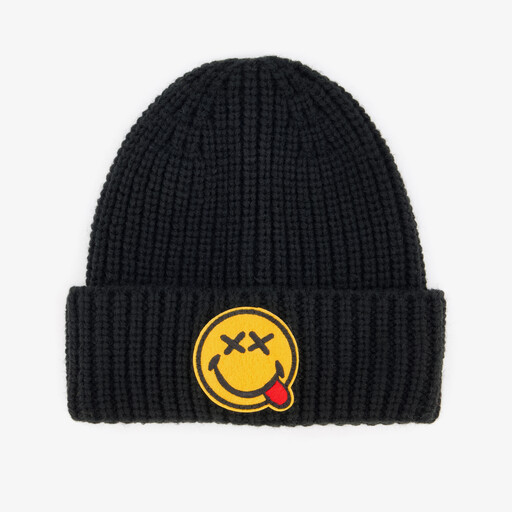 Gebreide kinder muts met smiley zwart