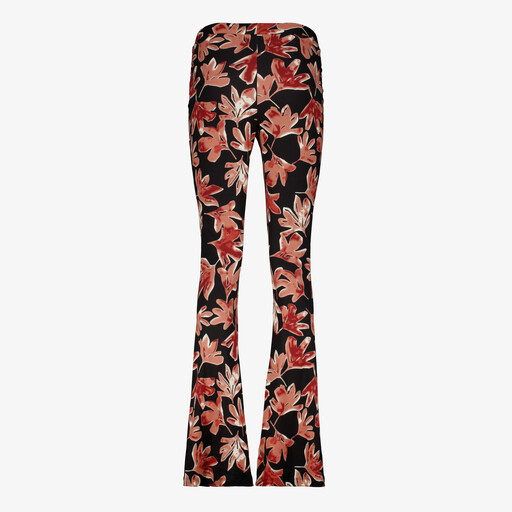 Dames flared broek met bladerenprint zwart bruin