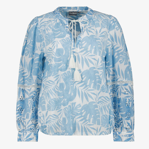Dames blouse met print en broderie blauw wit