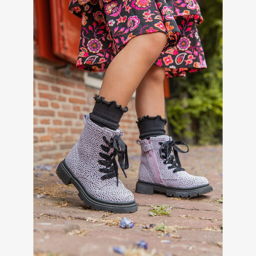 Leren meisjes veterboots roze met zwarte stipjes