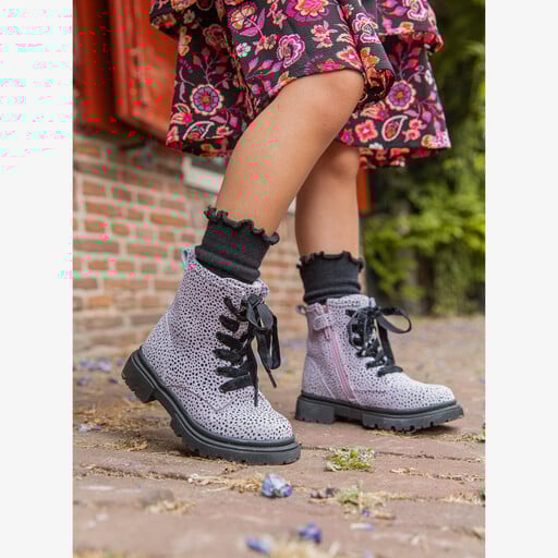 Leren meisjes veterboots roze met zwarte stipjes