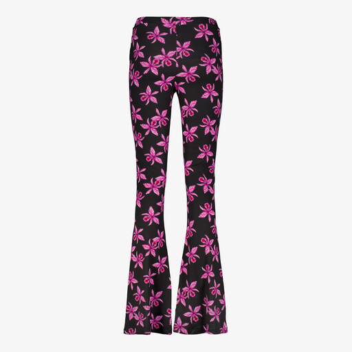 Dames flared broek bruin met bloemenprint zwart