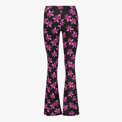 Dames flared broek bruin met bloemenprint zwart