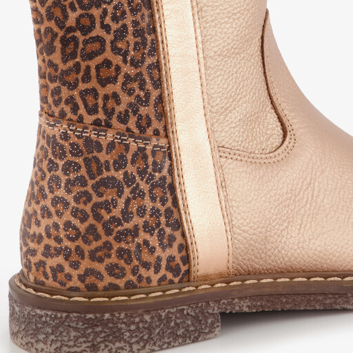 Leren meisjes enkellaarsjes met panterprint details goud