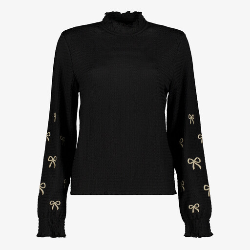 Dames top met col en strikjes zwart