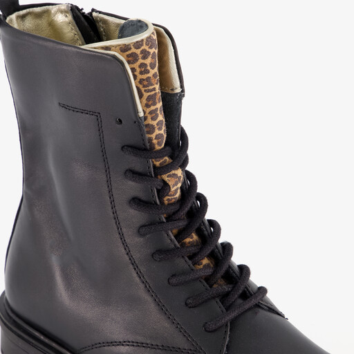 Leren meisjes veterboots met luipaard details zwart