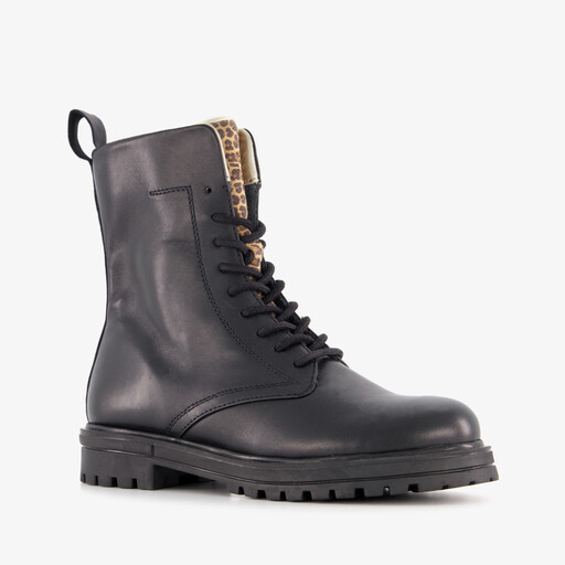 Leren meisjes veterboots met luipaard details zwart