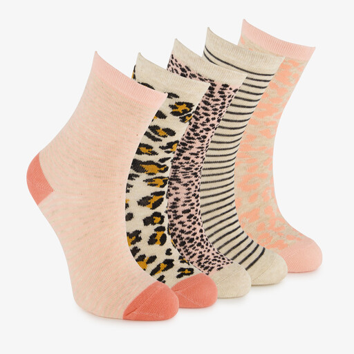 5 paar kindersokken met dierenprint roze