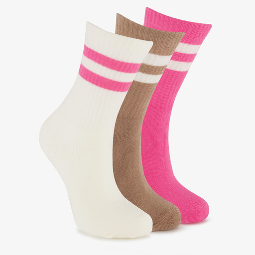 3 paar kindersokken met streepjes roze beige wit