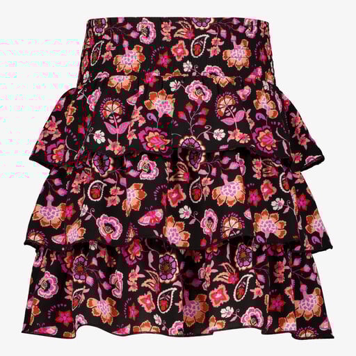Gelaagde meisjes rok met bloemenprint zwart roze