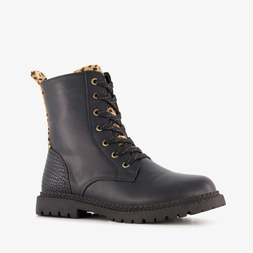 Meisjes veterboots met luipaard details zwart
