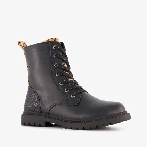 Meisjes veterboots met luipaard details zwart