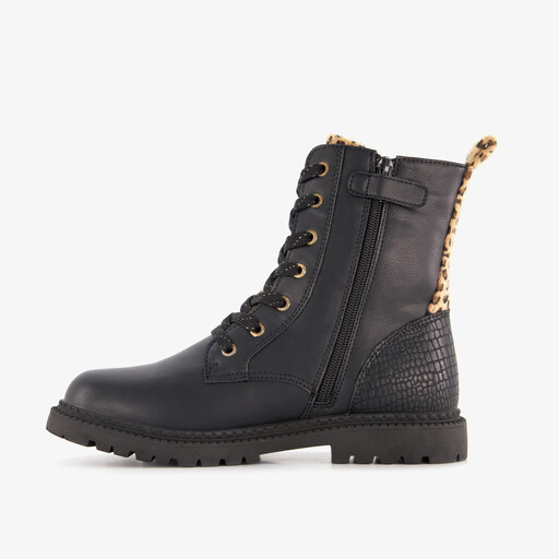 Meisjes veterboots met luipaard details zwart