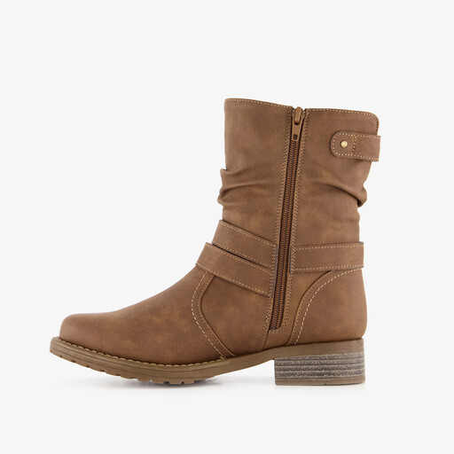 Gevoerde dames enkellaarsjes met gesp cognac