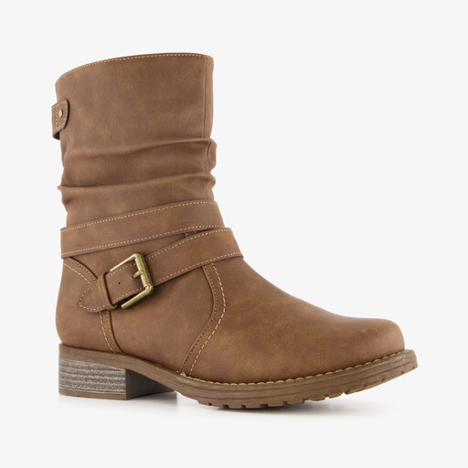 Gevoerde dames enkellaarsjes met gesp cognac