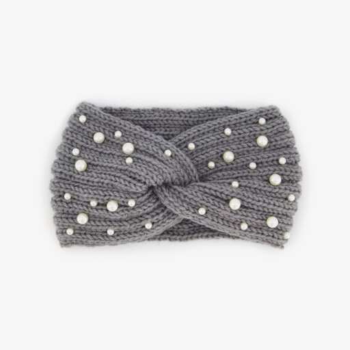 Gebreide dames hoofdband met parels grijs