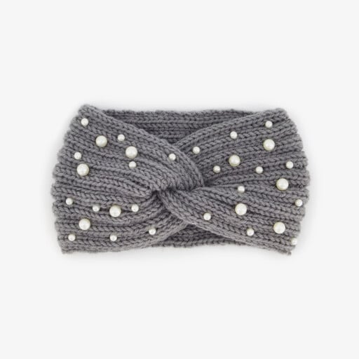 Gebreide dames hoofdband met parels grijs