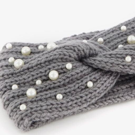 Gebreide dames hoofdband met parels grijs