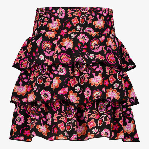 Gelaagde meisjes rok met bloemenprint zwart roze