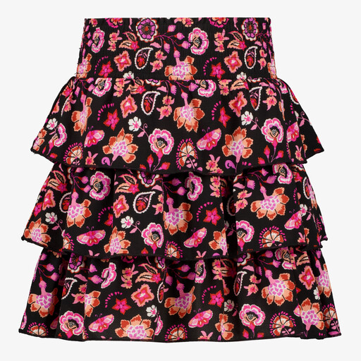 Gelaagde meisjes rok met bloemenprint zwart roze